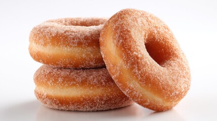 Three sugar-coated donuts are stacked together, showcasing their golden-brown color and soft texture. Ideal for a sweet treat during any time of day.