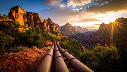 Pipeline through a mountain valley at sunset