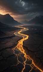 A glowing river of fiery lava flows through a barren, cracked volcanic landscape with towering mountains under a dramatic, cloudy sky.