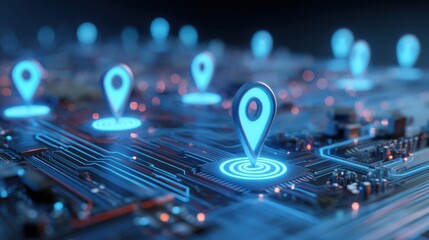Multiple glowing location markers are displayed on a circuit board, illustrating advanced GPS technology. The futuristic design highlights digital connectivity and precision tracking capabilities.