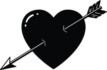Black heart pierced by a single arrow vector illustration representing love, romance, passion, heartbreak, emotion, Valentine’s Day, and desire.