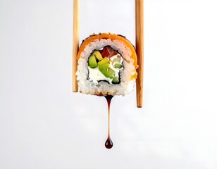 Drops of soy sauce dripping from a sushi roll sandwiched between two chopsticks on a white background