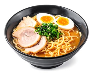Asian ramen noodles soup with egg, pork and bamboo shoots in bowl is isolated on white background, Japanese cuisine