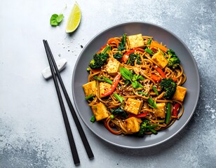 Vegetarian Stir-Fried Yakisoba Noodle with Tofu in a plate on grey background.