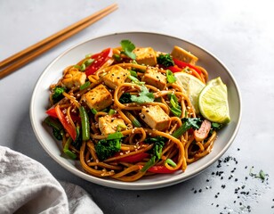 Vegetarian Stir-Fried Yakisoba Noodle with Tofu in a plate on grey background.