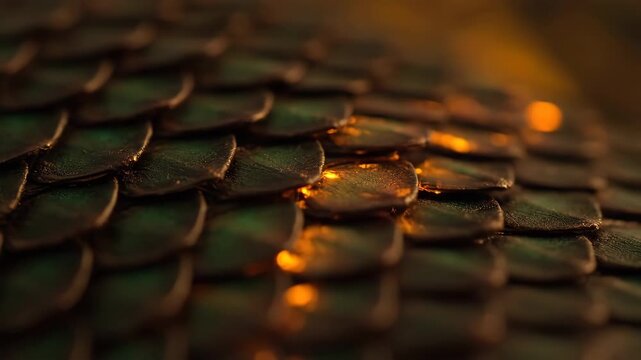 Close-up macro view of iridescent reptile scales with shimmering green and gold hues, illuminated by warm ambient lighting, showcasing intricate texture and pattern in a mysterious, dimly lit