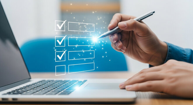 Online survey form checklist digital task management laptop pen user interface experience