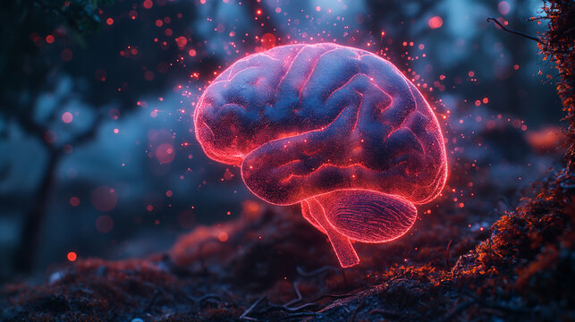 Glowing neon brain floating in forest with magical light