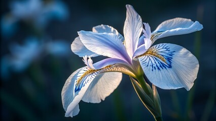 A single elegant white and blue iris flower with unique patterns stands brightly illuminated by warm light against a dark, peaceful backdrop.