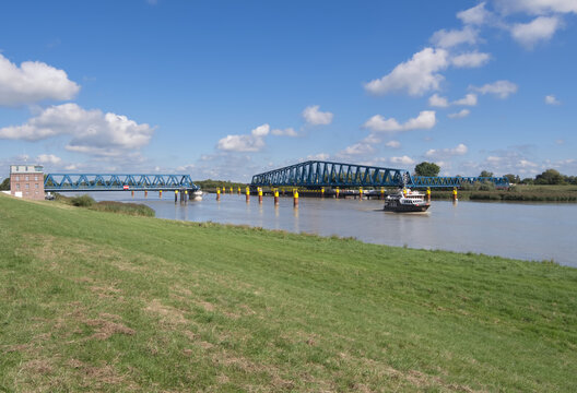the new Friesenbr&uuml;cke in Weener, the largest swing bridge for rail traffic in Europe,River Ems,Leer District,East Frisia,lower Saxony,Germany