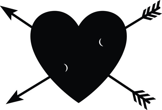 Black heart pierced by two crossed arrows vector illustration with subtle shine, symbolizing love, romance, passion, cupid, Valentine's Day emotions.