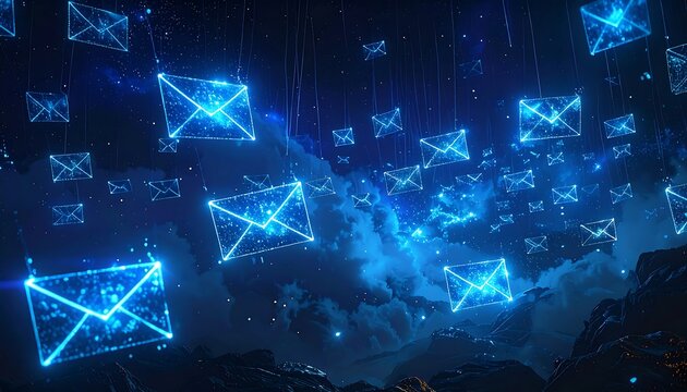 Digital mail flying in night sky