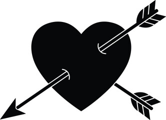 Black heart pierced with two arrows vector illustration representing love, heartbreak, romance, emotion, and Valentine's Day in bold silhouette design.