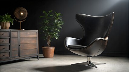 A sleek dark leather chair is the focal point in a stylish modern room, with a wooden console and lush green plants.