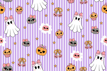Spooky Ghost Coquette Girly Seamless Pattern Sweet and Spooky Halloween Doodle Repeat Background