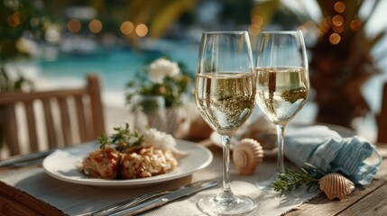 Fototapeta premium A picturesque outdoor dining setting featuring two glasses of sparkling wine, a plate of food, and a serene beach background.