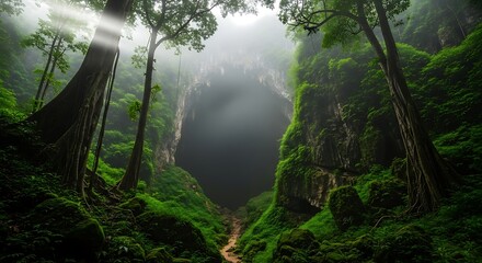 Sunlight streams into a vast hidden jungle canyon with lush greenery.