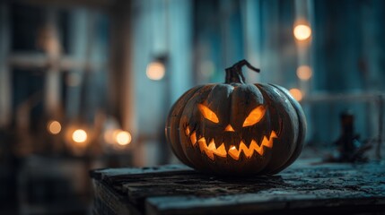 Fototapeta premium A carved pumpkin with an eerie expression emits a warm glow from its jagged mouth and eyes, surrounded by soft lights, creating a haunting yet festive atmosphere for Halloween.
