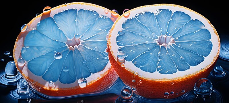 The black background contrasts sharply with the bright blue silver light emitted by grapefruit,generative AI