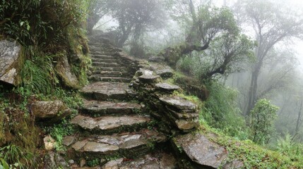 Fototapeta premium A winding stone pathway leads through a dense forest shrouded in mist. Lush greenery surrounds the steps, creating a serene atmosphere ideal for a quiet morning walk.