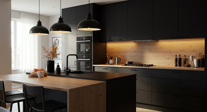Modern kitchen interior with wooden accents - Powered by Adobe