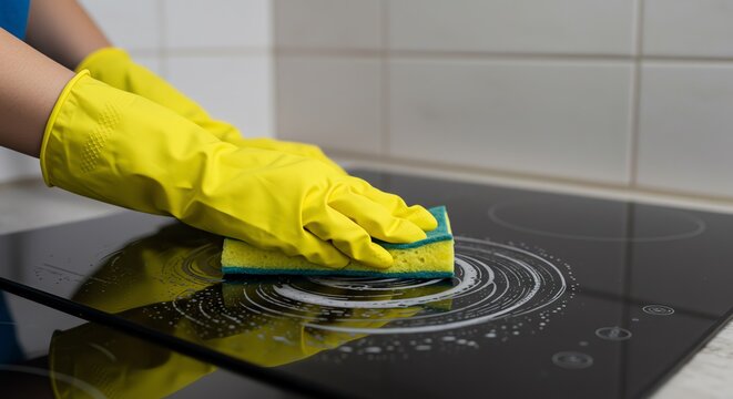 Person cleaning black glass stovetop with sponge - Powered by Adobe