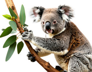 Adorable Koala Hugging Branch Isolated on Transparent Background PNG
