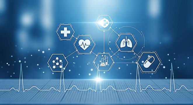 Medical technology interface displaying healthcare icons on a blue digital background representing innovation and advancements in modern medicine