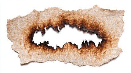 Fototapeta premium A piece of paper with irregular burnt edges reveals intricate patterns and shapes in the core. The contrast between the brown burn marks and the white background enhances the aesthetic appeal.