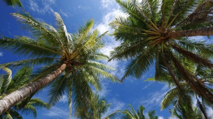Towering palm trees reach towards the vibrant blue sky, their fronds gently rustling in the warm tropical breeze on a sunny afternoon in a peaceful setting.