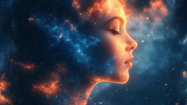 Celestial Dreamscape: An ethereal portrait of a serene woman, her features bathed in the radiant hues of nebulae, as she dreams, a seamless blend of cosmic wonder and inner peace.