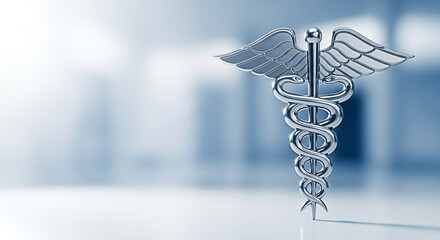 Silver caduceus symbol stands against a blurred blue background representing medicine and healthcare in a modern and professional setting