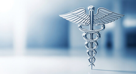 Silver caduceus medical symbol against a blurred blue hospital backdrop representing healthcare and medicine with a clean and modern aesthetic
