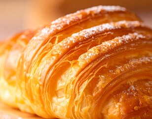Golden-brown croissant dusted, close-up view showcasing flaky layers.