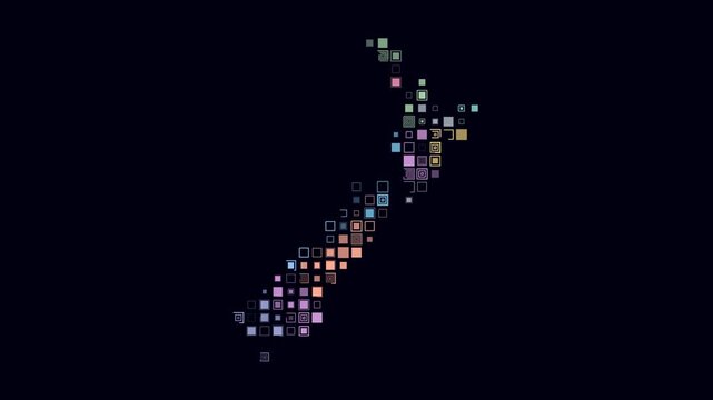 New Zealand map animation. Shape of the country with pulsating colored dots. Large size square blocks. Digital style New Zealand map on dark background. Classy video.