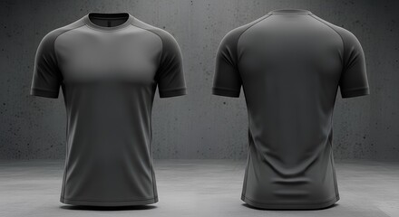 Black athletic t-shirt mockup with front and back views on a dark concrete background. Blank sports jersey template for design presentation