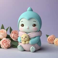 cute baby doll with a bunny and blue background. 3d illustration.cute illustration.