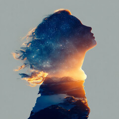 Silhouette of Skybound Soul: A captivating image of a woman's profile interwoven with the serene beauty of the sky and universe, symbolizing inner peace and the vastness of the human spirit. 