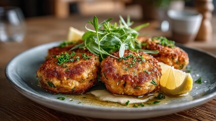 A plate of golden-brown crab cakes garnished with fresh herbs and lemon wedges, beautifully presented on a rustic table.