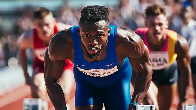 Male sprinter in blue uniform competing in a race, with focused expressions of athletes in the background