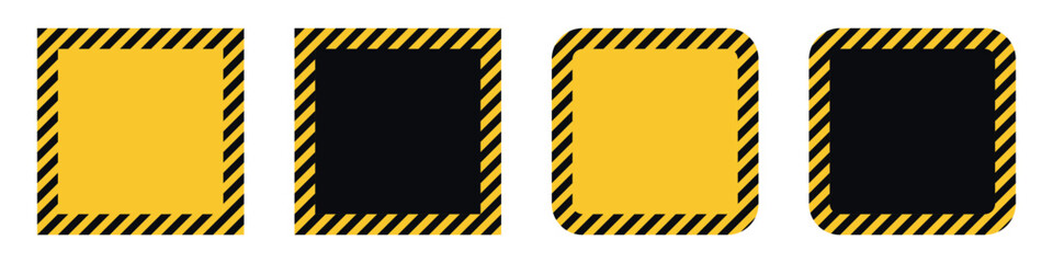 Set of square frames with caution stripes border in yellow and black colors. Industrial warning sign template with rounded and sharp corners. Safety attention symbol for construction and hazard design