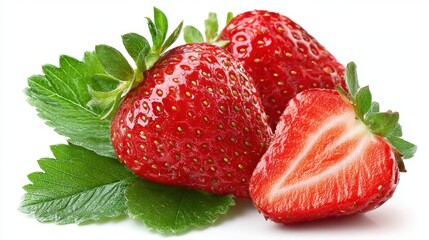 Bright red strawberries sit on green leaves, revealing their juicy interiors. The fruits are arranged to highlight their freshness and appeal, creating a classic, inviting display.
