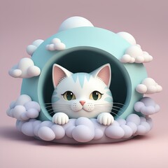 3d of a cute white cat with pink cloud on blue background