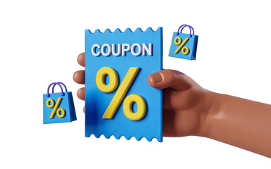 Cartoon hand holds a blue coupon with a yellow percentage sign Two small shopping bags float nearby
