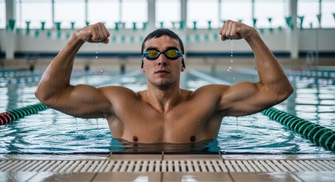 Strong male swimmer in pool displaying muscles and wearing goggles