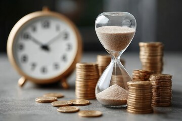 A close-up of an hourglass and a clock next to stacks of coins, symbolizing the relationship between time and money.
