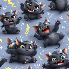 Cartoon Black Cat-Bat Pattern: Mischievous Halloween Design