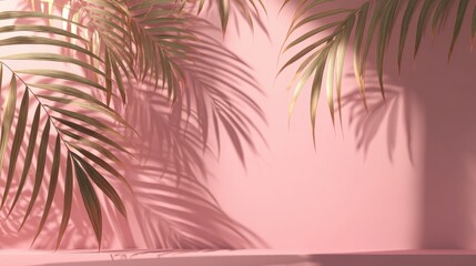 Sunlight filters through palm leaves, creating delicate shadows on a pastel pink wall. The tranquil atmosphere invites relaxation and calmness in the indoor area.