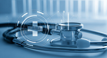 Stethoscope with digital medical interface overlay for healthcare technology and data analysis in a modern blue toned setting