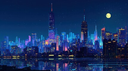 Fototapeta premium A stunning city skyline illuminated by bright lights at night. The buildings showcase various colors, while the reflection on the water creates a serene atmosphere under a clear moonlit sky.